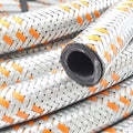 Close-up of braided hose with orange and silver pattern
